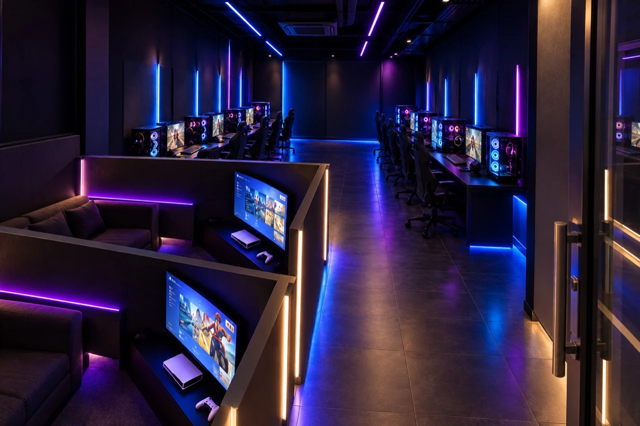 Architectural concept of Panthera: modern PC rows and open-top PS5 pods under blue and violet lighting
