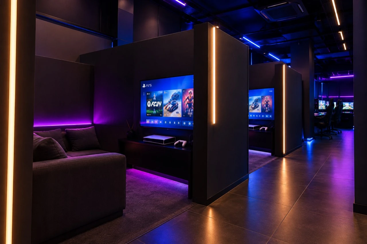 Concept of Panthera's two PS5 pods with wall-mounted TVs and two-seat sofas